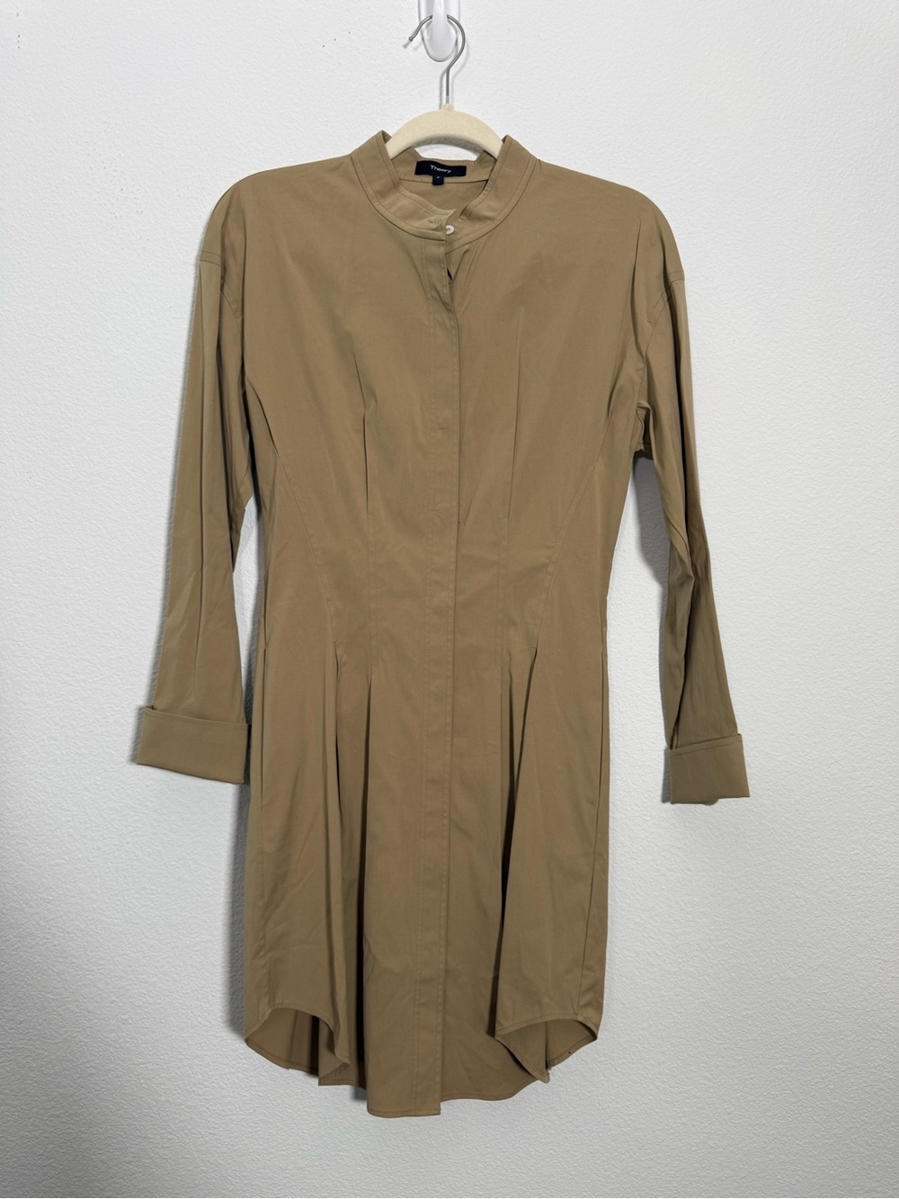 Theory Sierra Stretch Cotton Shirt Dress Tan Minimalist Luxe Office Capsule NWT